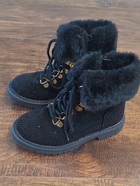 Reprt Black Faux Fur Lace-Up Ankle Boots Sequence Size 12 Big Girls